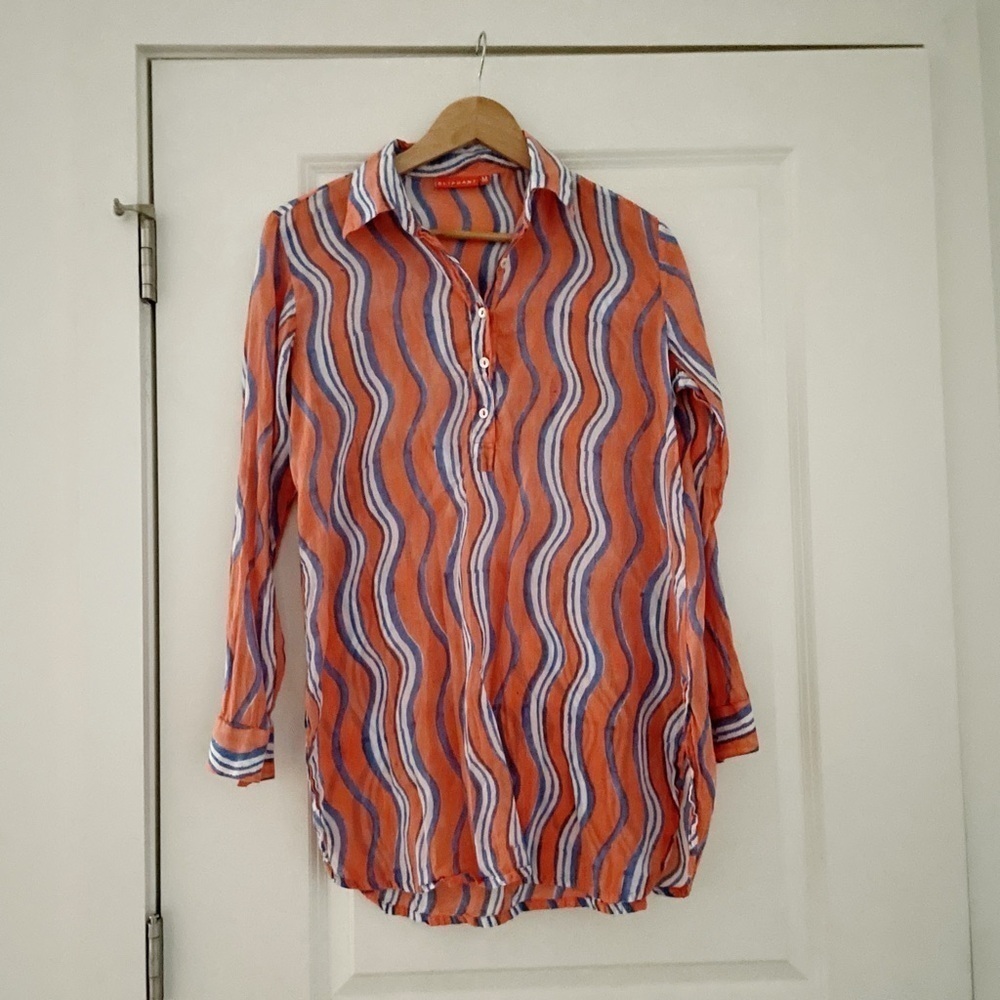 Oliphant Blue Orange Wavy Stripe Cotton Tunic Top 3/4 Sleeve